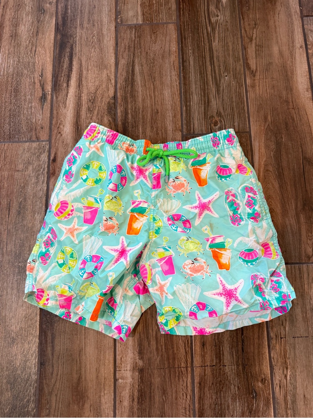 Vilebrequin Limited Edition Mint Swim Shorts w/Neon Drawstring and Beach Motif
